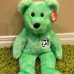 Ty 1999 Beanie Buddy 14" Kicks The Bear Green With Soccer Patch